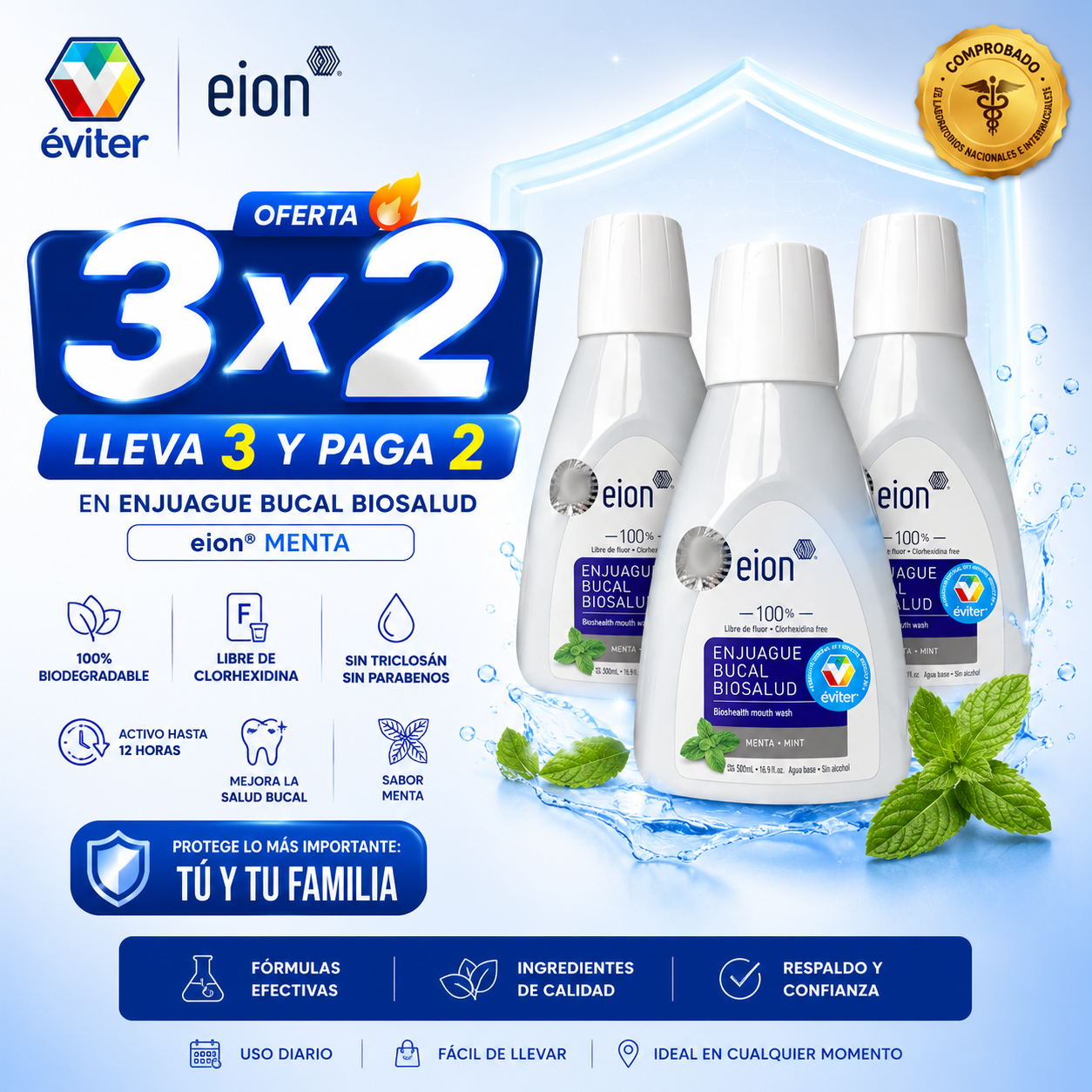 3x2 ENJUAGUE ANTISÉPTICO BUCAL BIOSALUD EION® 500 ml.