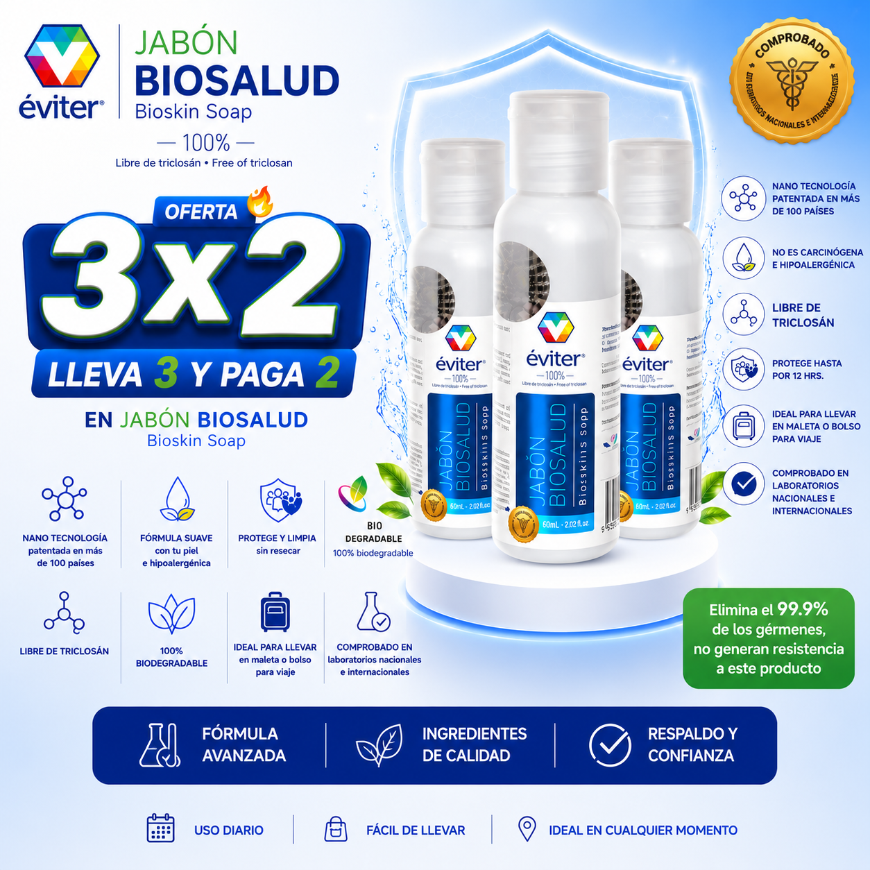 3x2 JABÓN ANTISÉPTICO BIOSALUD ÉVITER® 60 ml.