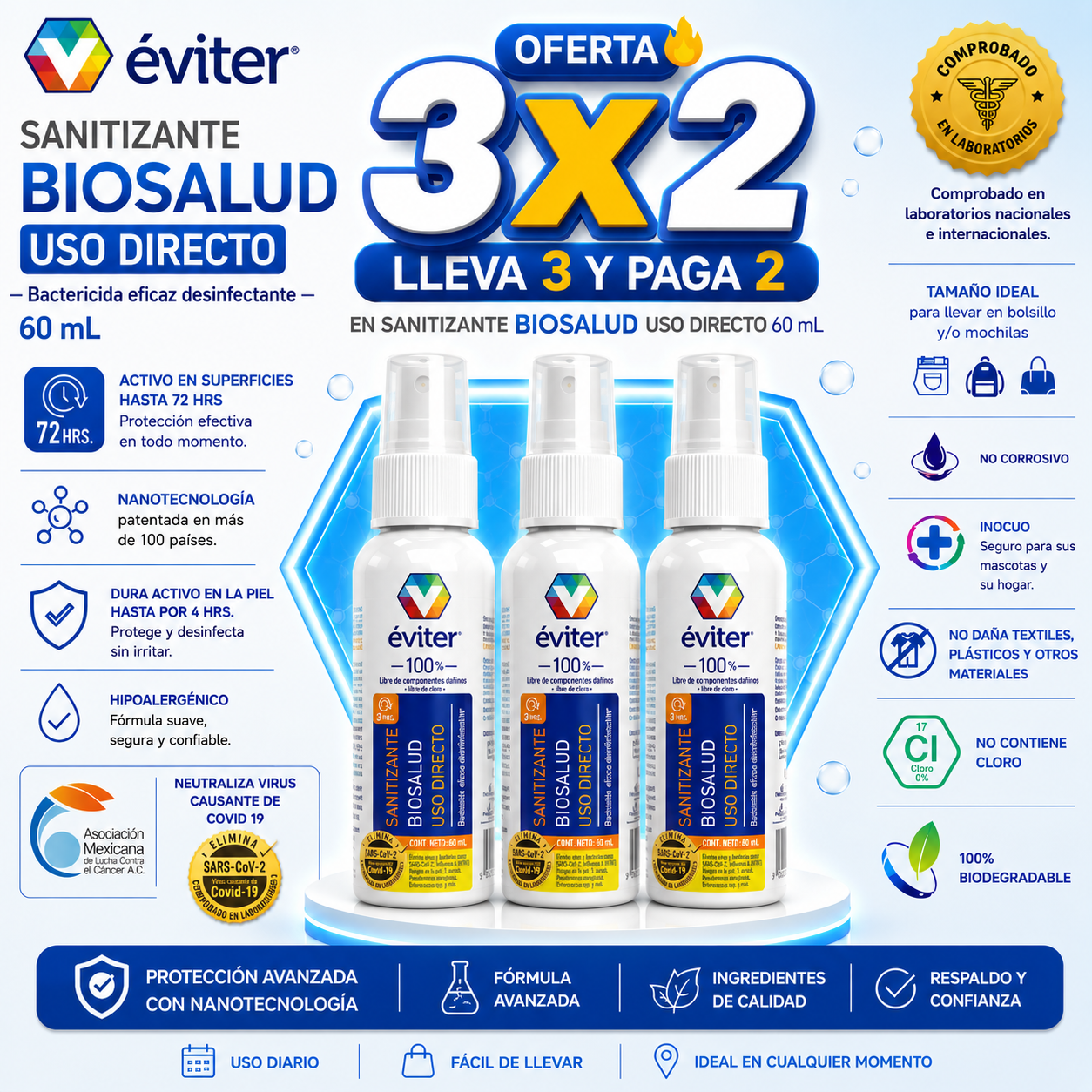 3x2 SANITIZANTE BIOSALUD USO DIRECTO ÉVITER® 60 ML