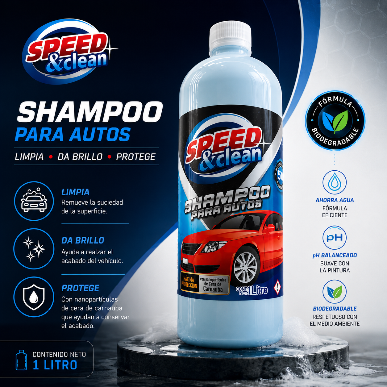 Shampoo para Autos Speed & Clean con Cera de Carnauba – 1 L