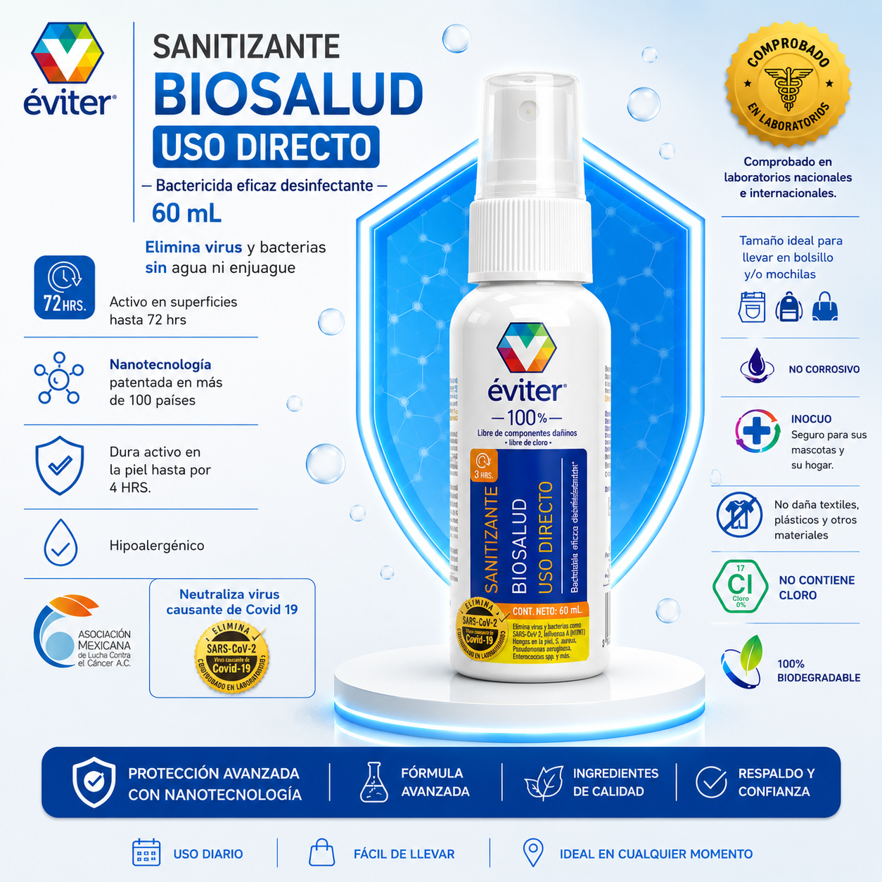 ÉVITER® BIOSALUD DIRECT USE SANITIZER 60 ML