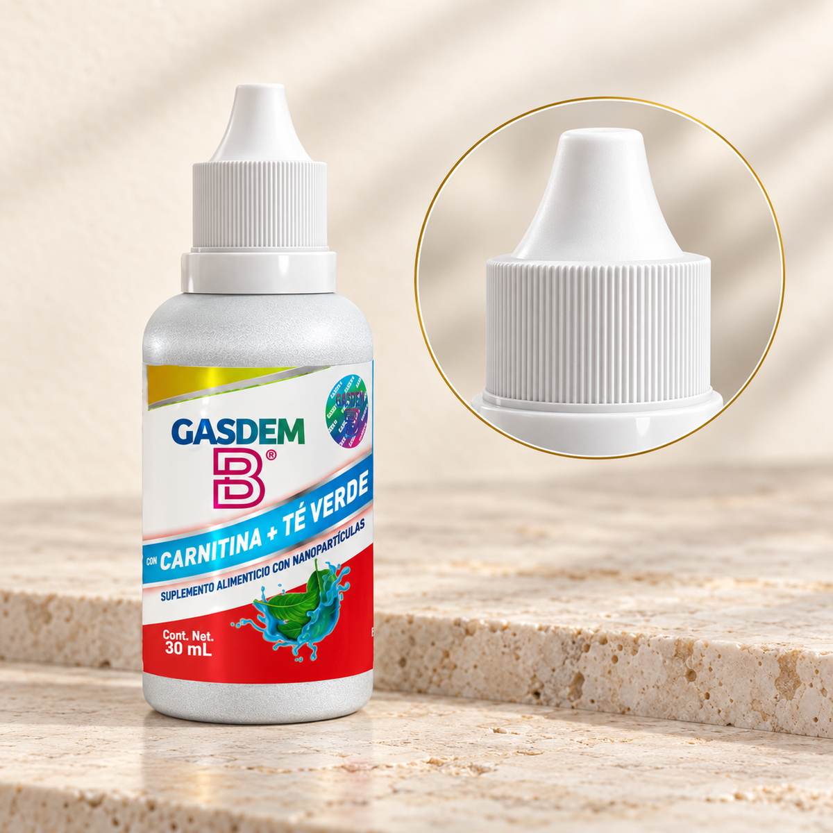 Detalle del envase de GASDEM-B® | CARNITINA + TÉ VERDE