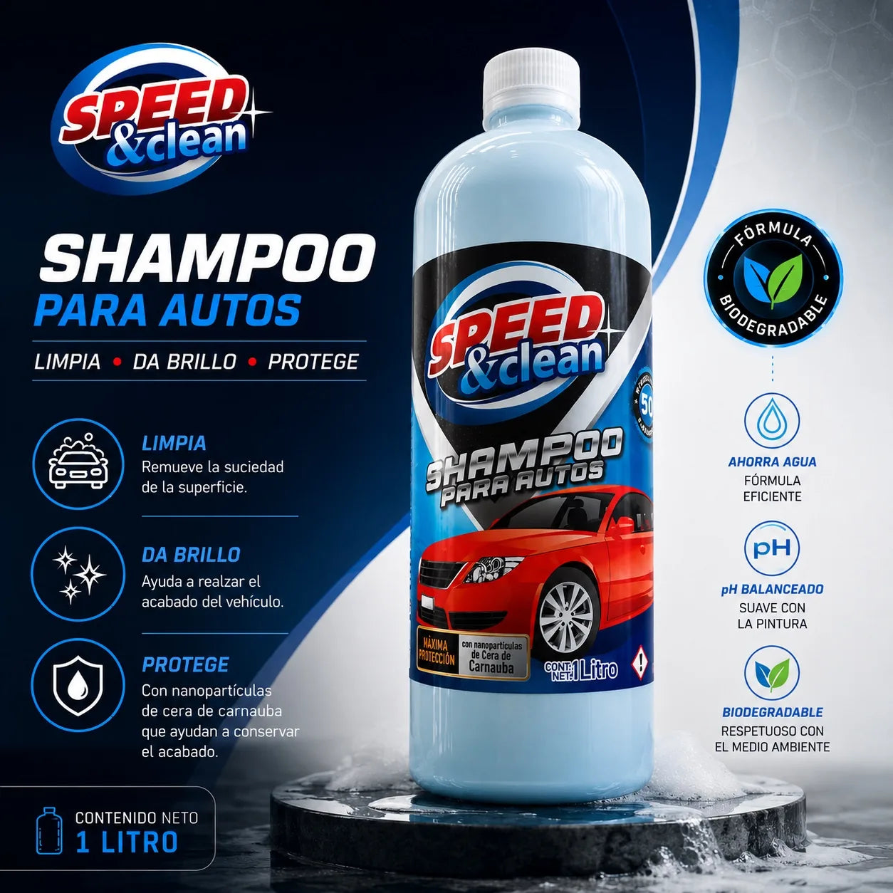 Shampoo para Autos Speed & Clean con Cera de Carnauba – 1 L