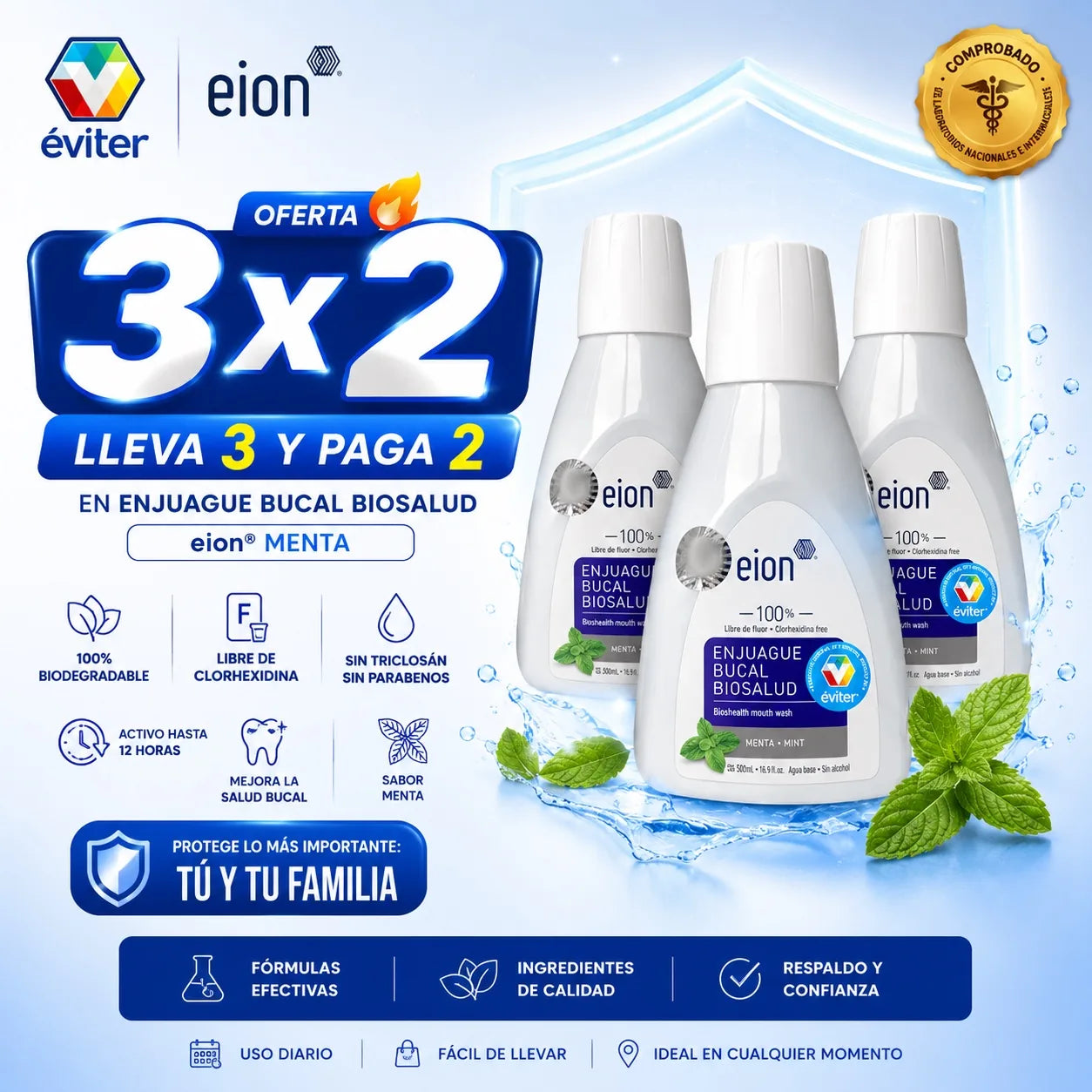 3x2 ENJUAGUE ANTISÉPTICO BUCAL BIOSALUD EION® 500 ml.