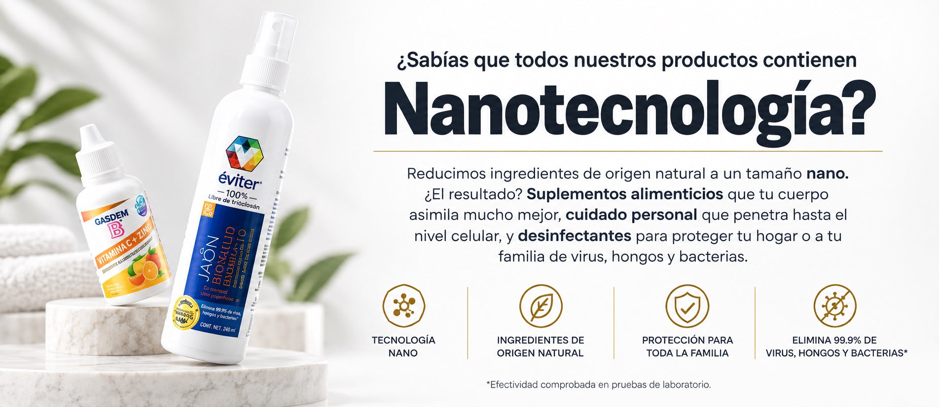 Nanotecnologia Eviter: ingredientes de origen natural, suplementos, cuidado personal y desinfectantes. Infografia de la marca.